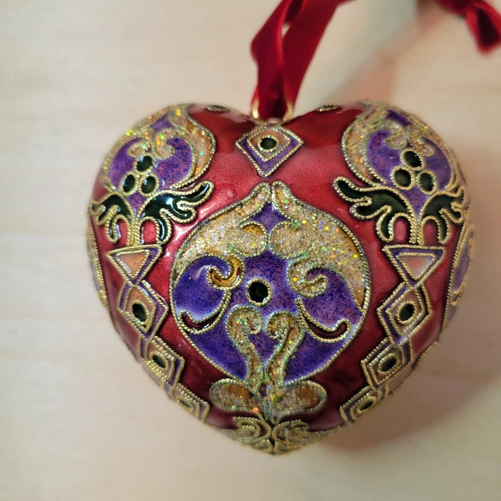 Cloisonne‎ Heart Ornament Home for the Holidays Gold Red Purple